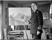 Portrait of Thomas Harold Beament: Caption – Commander Beament with painting titled, HMCS Prince Robert in Dry Dock (c.1945)